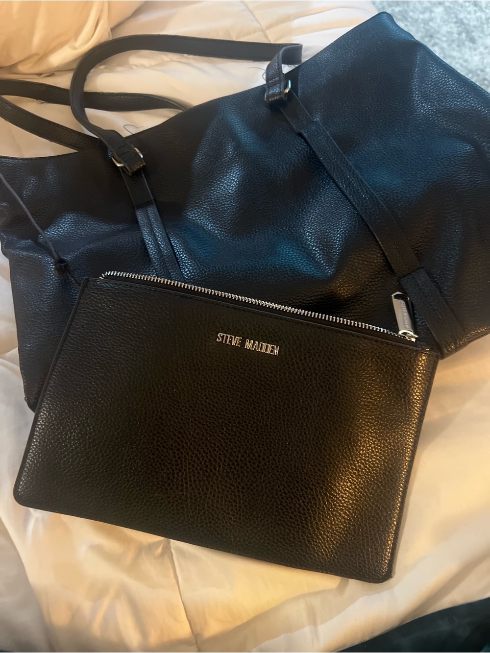 Steve Madden Black Pebbled Leather Tote with Matching Pouch